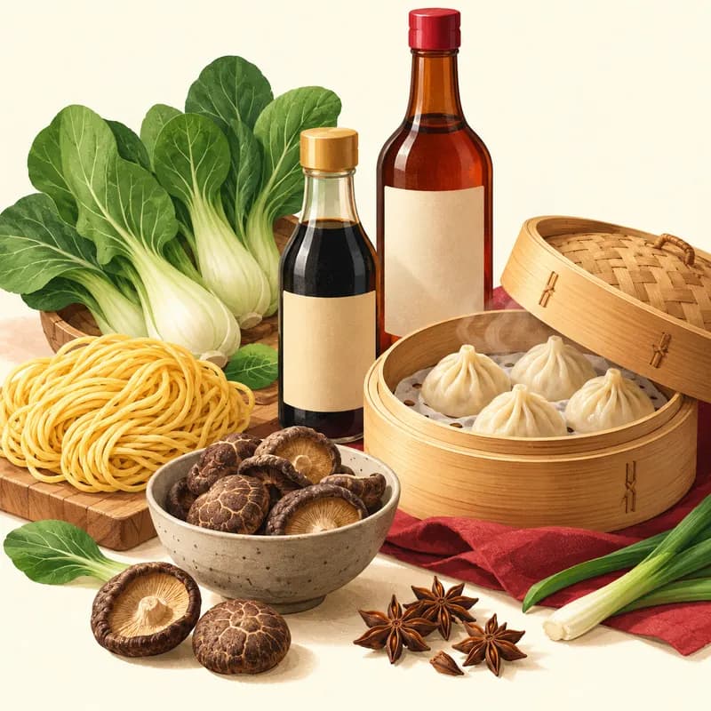Illustration of Chinese groceries: soy sauce, Shaoxing wine, fresh egg noodles, pak choi, dried shiitake and steamed dumplings