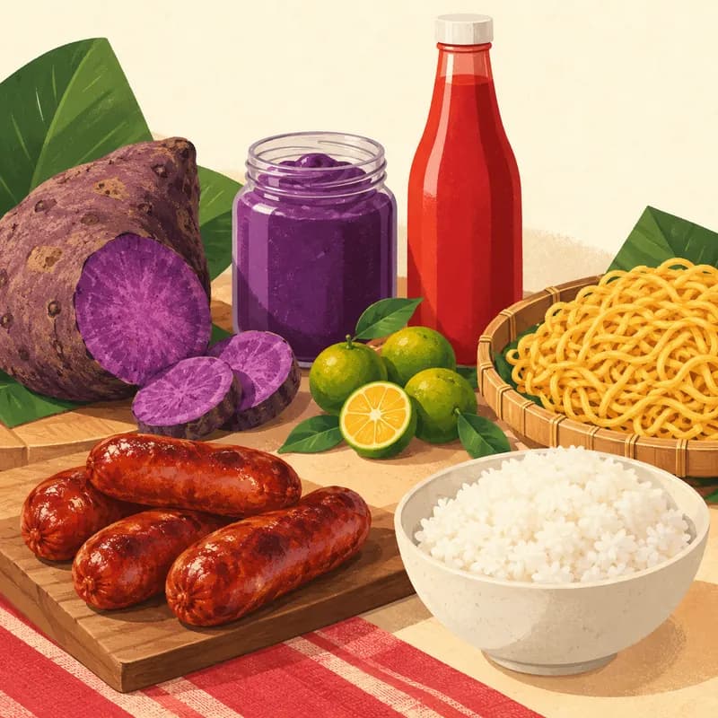Illustration of Filipino groceries: ube, calamansi, banana ketchup, pancit noodles, longganisa and rice