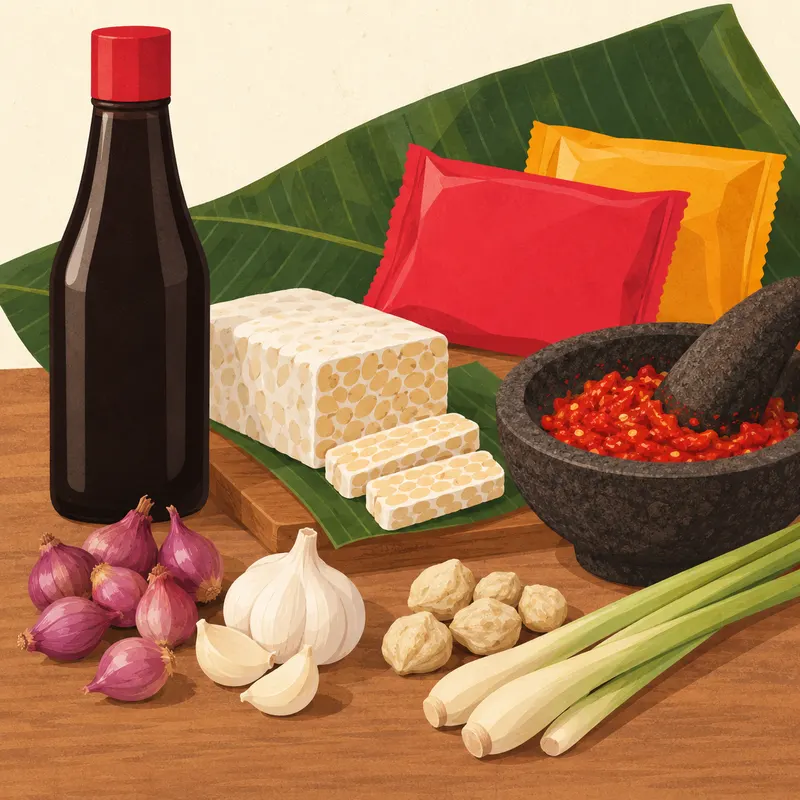 Illustration of Indonesian groceries: kecap manis, tempeh, sambal in a stone mortar, shallots and lemongrass