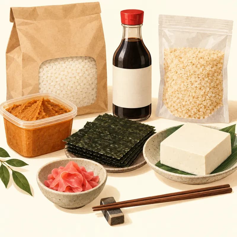 Illustration of Japanese groceries: short-grain rice, miso, nori, soy sauce, tofu and pickled ginger