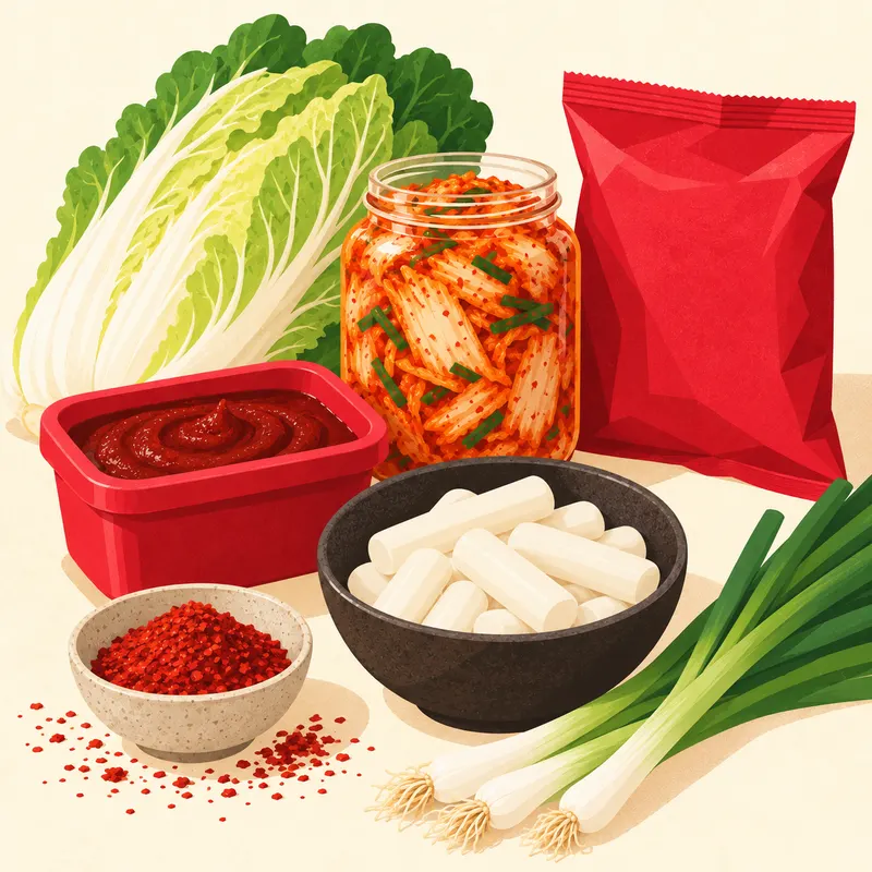 Illustration of Korean groceries: gochujang, kimchi, napa cabbage, tteok rice cakes, ramyeon and spring onions