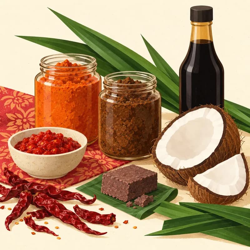Illustration of Malaysian groceries: laksa and rendang pastes, sambal, belacan, pandan leaves and coconut
