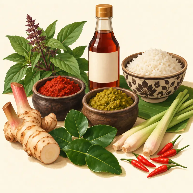 Illustration of Thai groceries: curry pastes, fish sauce, Thai basil, galangal, lemongrass, chillies and jasmine rice