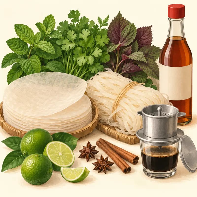 Illustration of Vietnamese groceries: rice paper, pho noodles, fresh herbs, limes, fish sauce and a phin coffee filter