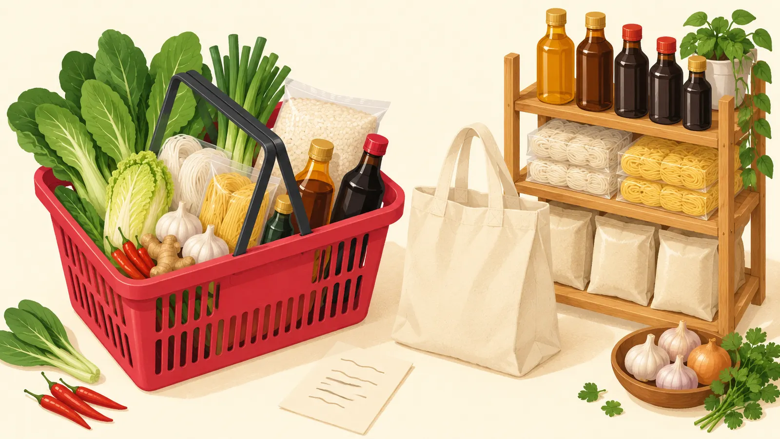 Shopping basket of Asian groceries beside shelves of sauces, noodles and rice, with a shopping list and tote bag