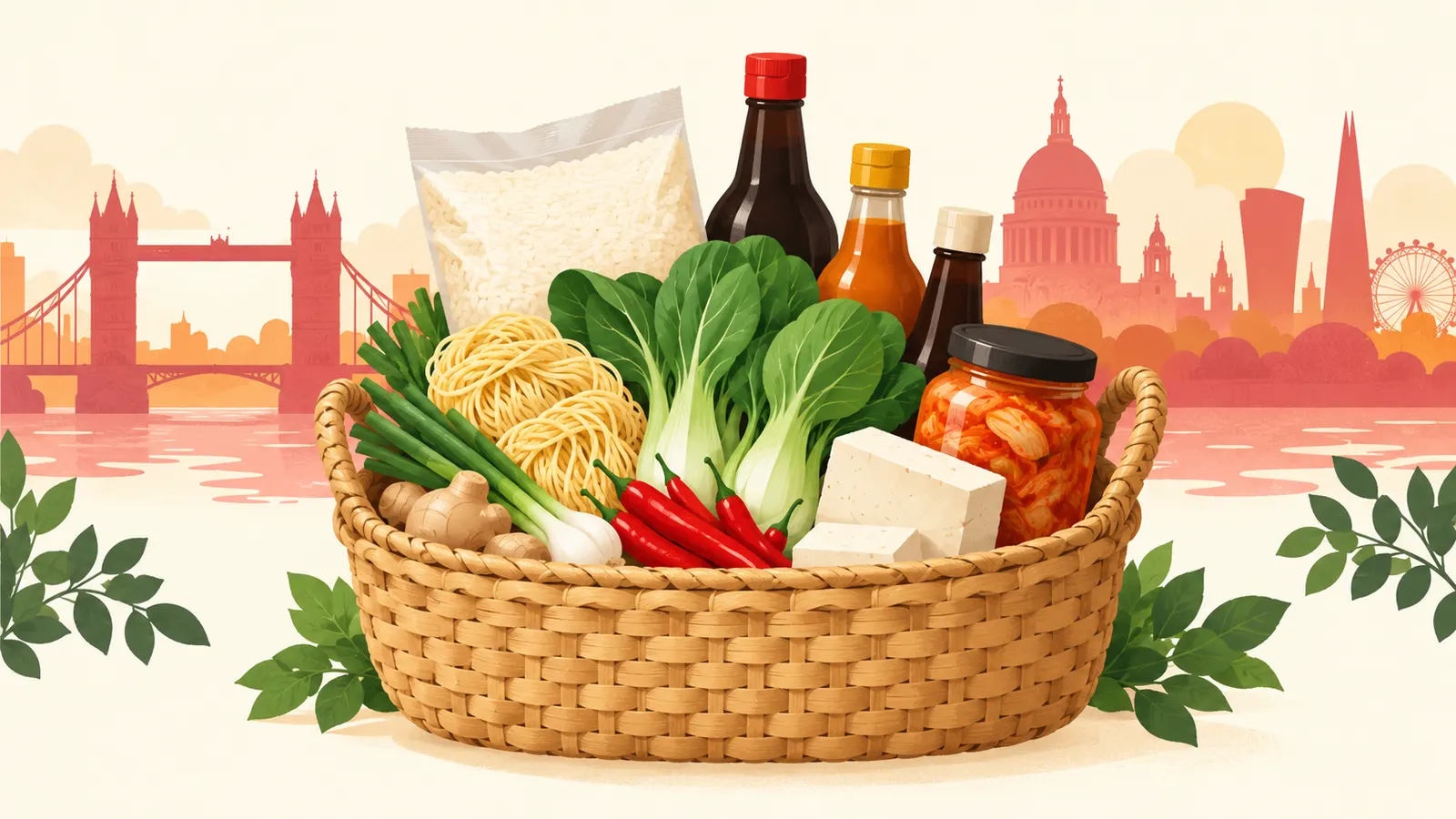 Basket of Asian groceries in front of an illustrated London skyline
