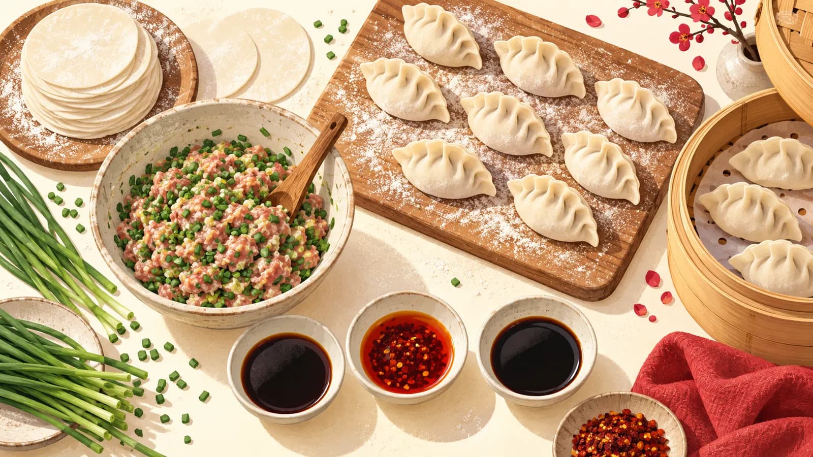 Dumpling making flat-lay: round wrappers, pork and chive filling, folded dumplings, a bamboo steamer and dipping sauces