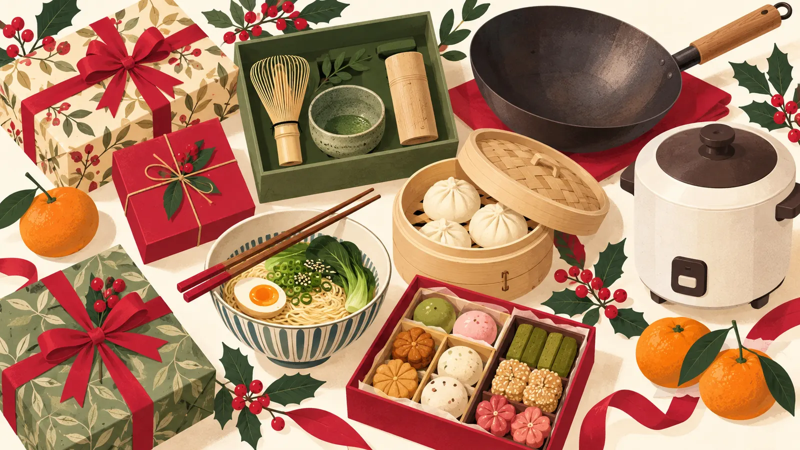 Festive flat-lay of gifts for Asian cooking: a matcha whisk set, carbon-steel wok, bamboo steamer, ramen bowl, rice cooker and snacks among wrapped presents