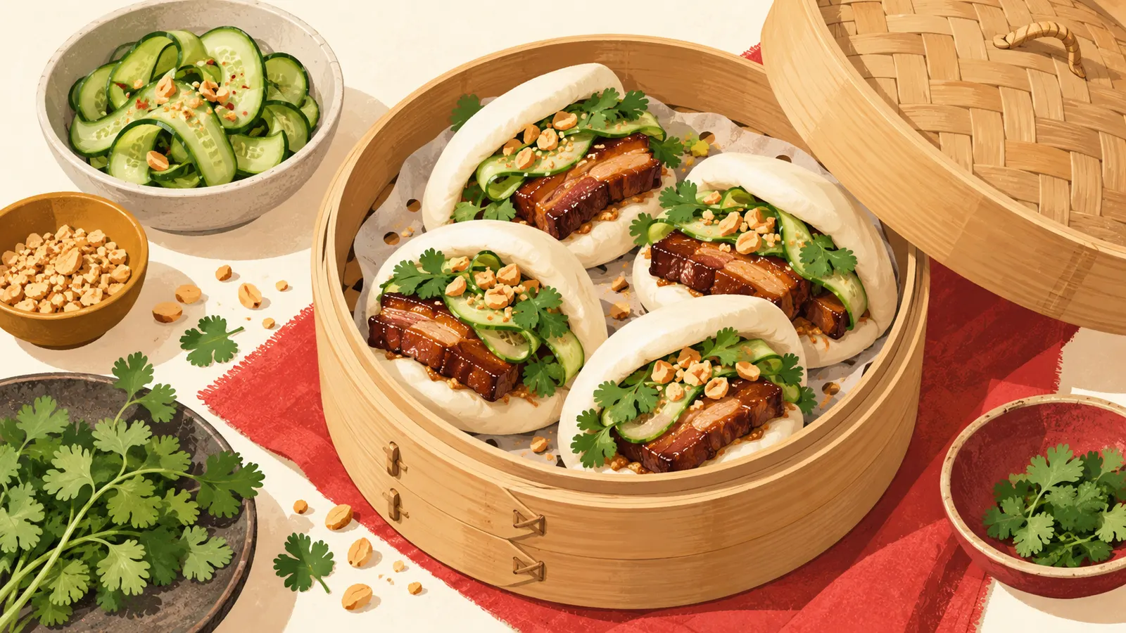 Bamboo steamer of fluffy folded bao buns filled with braised pork belly, pickled cucumber, coriander and peanuts
