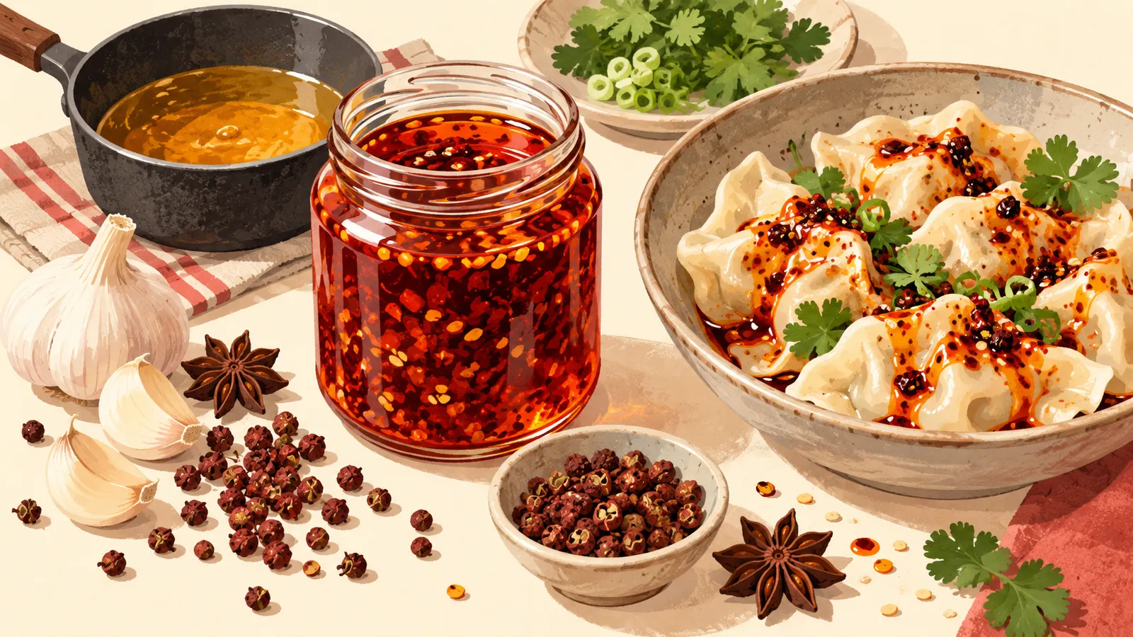 Jar of red Sichuan-style chilli oil with chilli flakes and sesame seeds, star anise, Sichuan pepper and dumplings