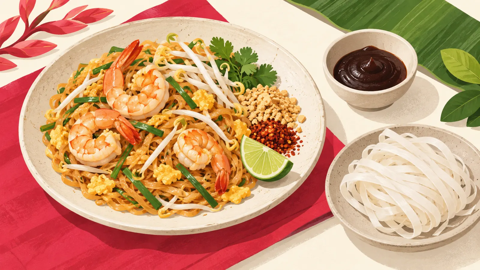 Plate of prawn pad thai with bean sprouts, crushed peanuts, lime and chilli, with tamarind paste and rice noodles
