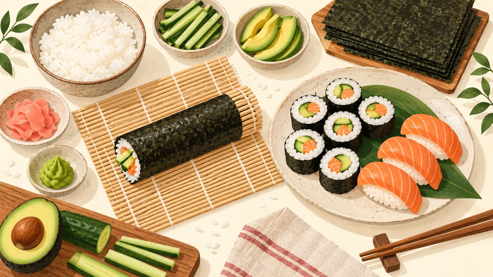 Bamboo rolling mat with a maki roll, sliced maki and nigiri, sushi rice, nori, cucumber, avocado and pickled ginger