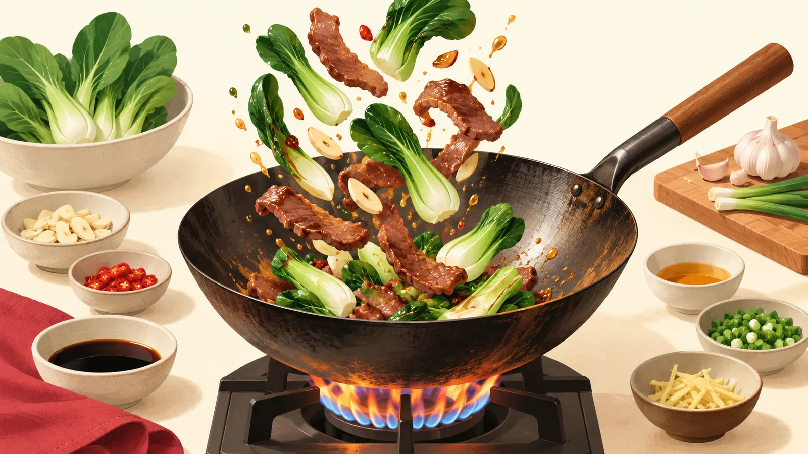 Carbon-steel wok over a flame tossing pak choi, garlic and beef, with prepped sauces and aromatics