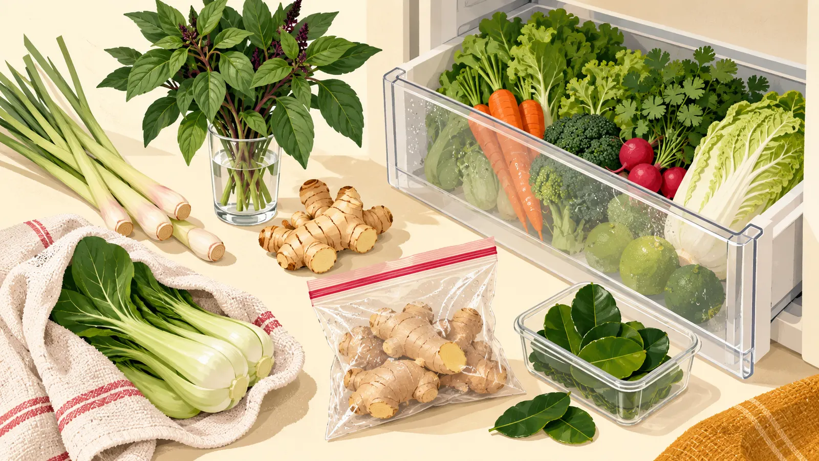 Lemongrass, galangal, Thai basil in water, pak choi in a damp towel and frozen ginger ready for storing
