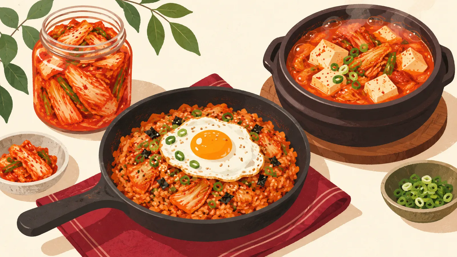 Jar of kimchi with kimchi fried rice topped with a fried egg and a pot of kimchi stew with tofu