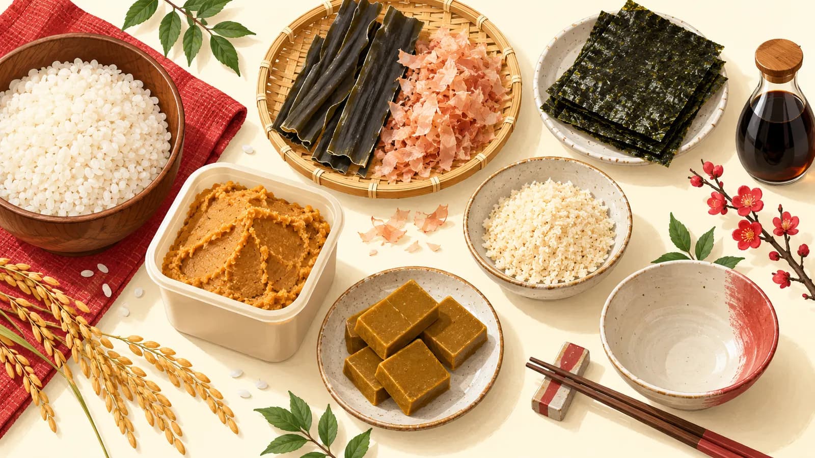 Flat-lay of Japanese pantry staples: rice, miso, kombu, bonito flakes, nori, panko and curry roux