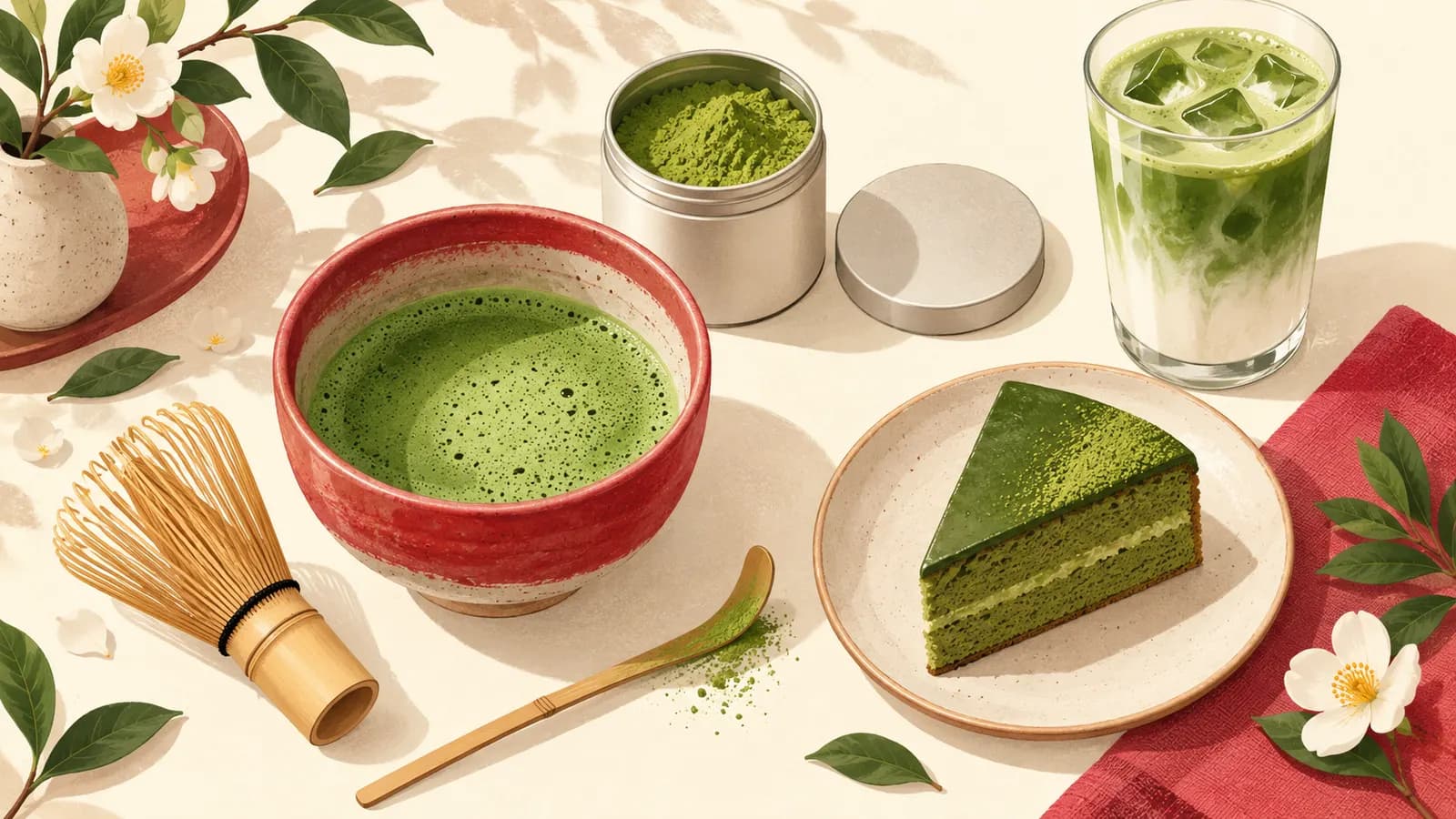 Bowl of frothy whisked matcha with a bamboo whisk and scoop, a matcha latte and a slice of matcha cake