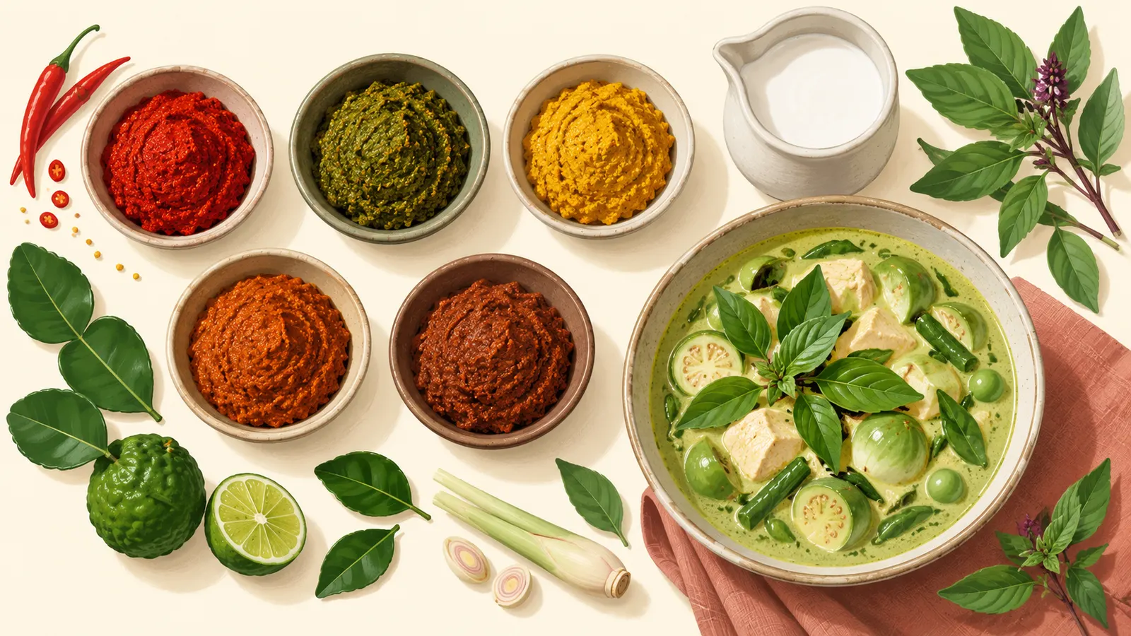 Bowls of red, green, yellow, massaman and panang curry paste with coconut milk and Thai basil