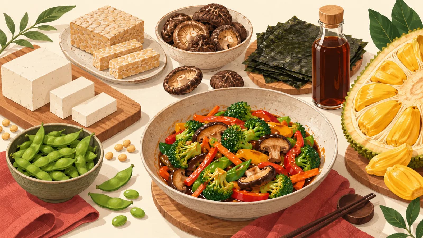 Plant-based Asian pantry: tofu, tempeh, dried shiitake, seaweed, mushroom stir-fry sauce, jackfruit and edamame