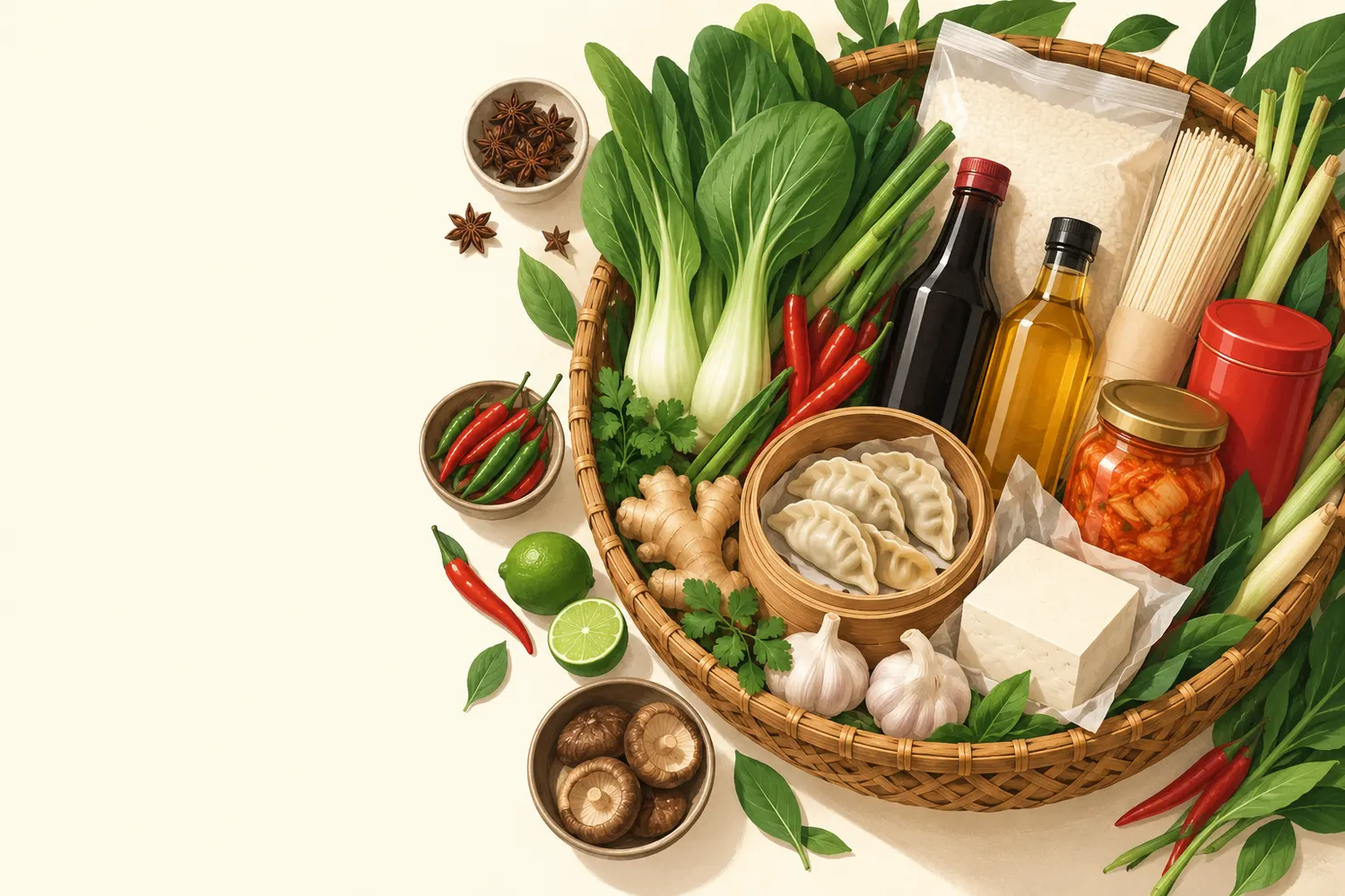 Basket of Asian groceries: sauces, noodles, rice, pak choi, chillies, tofu, kimchi and dumplings