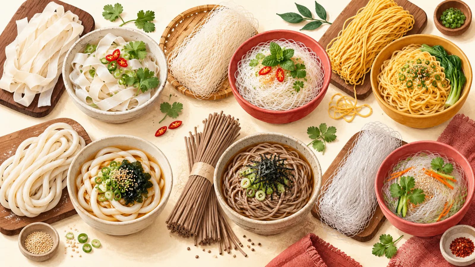 Different Asian noodles: flat rice noodles, rice vermicelli, egg noodles, udon, soba and glass noodles