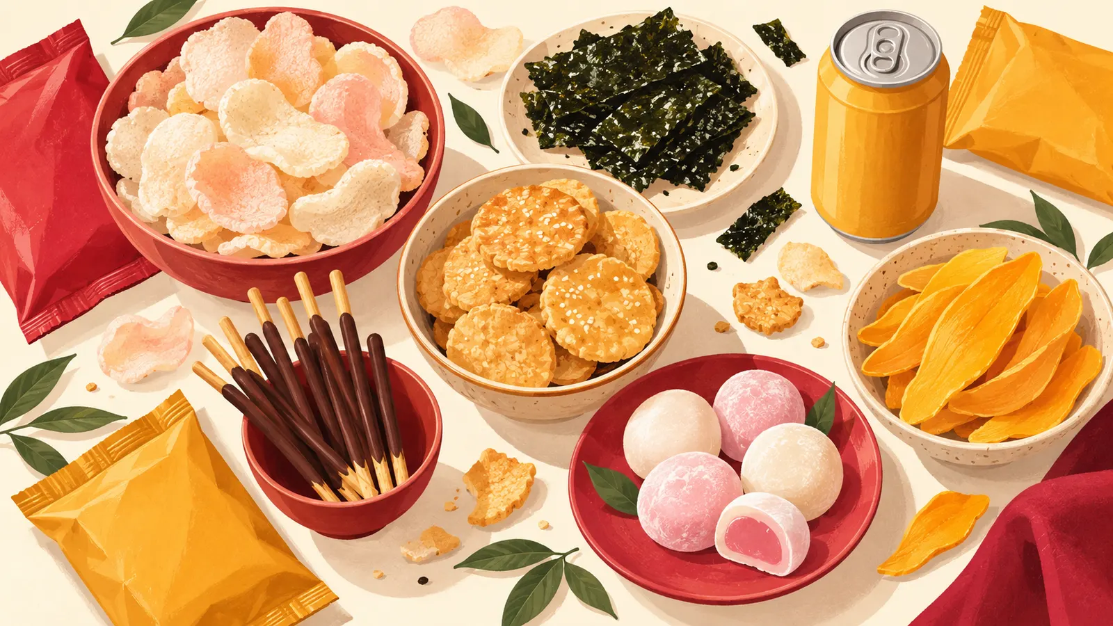 Spread of Asian snacks: shrimp crackers, seaweed snacks, rice crackers, biscuit sticks, mochi and dried mango