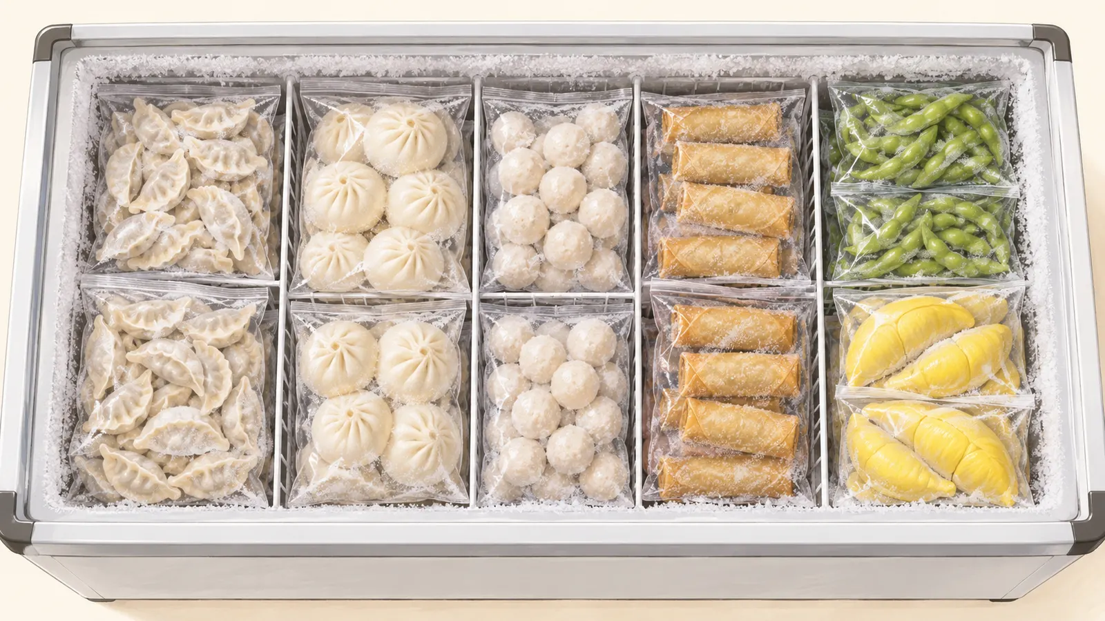 Freezer chest filled with frozen dumplings, bao, fish balls, spring rolls, edamame and durian