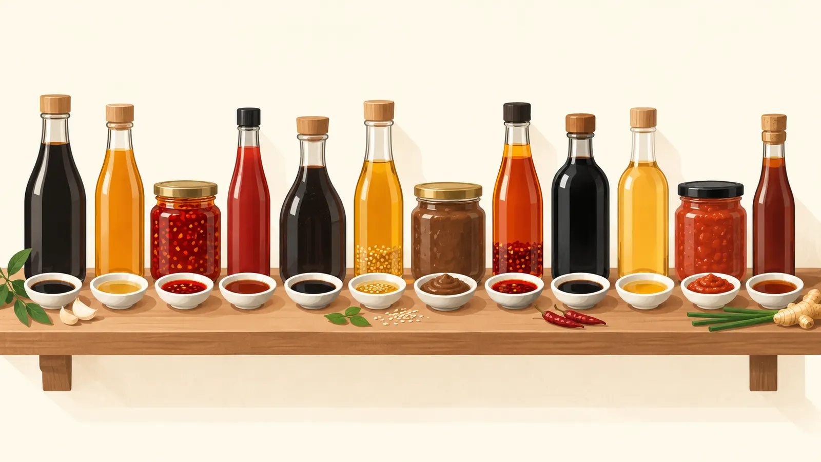 Row of Chinese sauces and condiments, from soy sauce and black vinegar to chilli oil and sesame oil