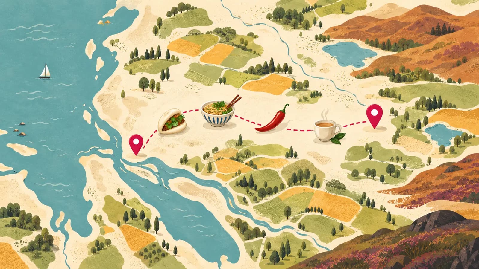 Illustrated road map of north-west England with a route between two cities and grocery icons