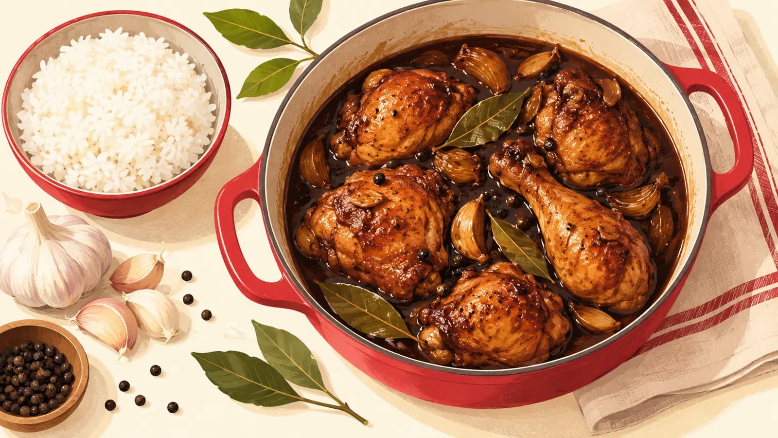 Pan of Filipino chicken adobo in a glossy soy and vinegar sauce with bay leaves, peppercorns, garlic and rice