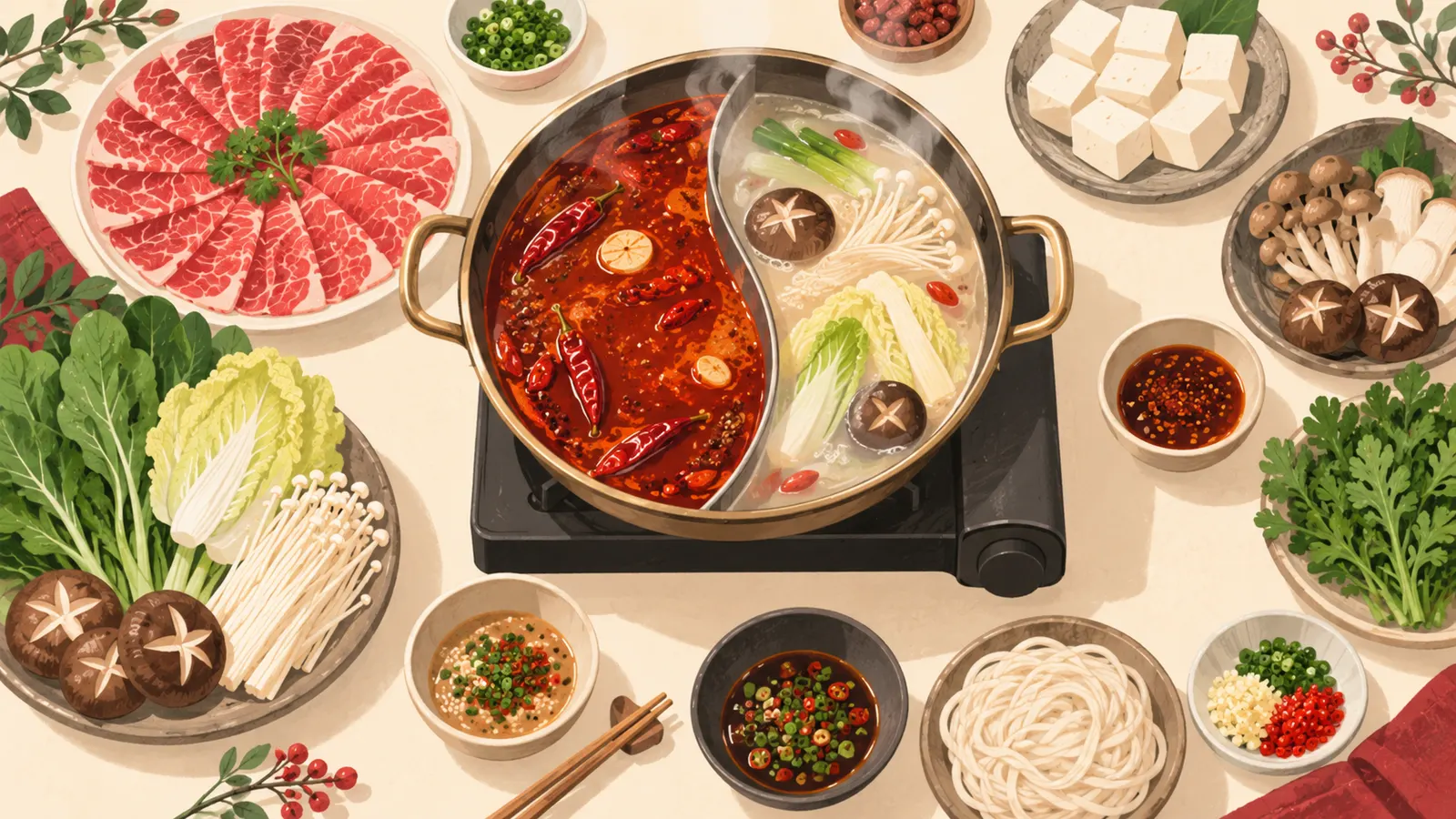 Split hot pot with spicy red and clear broths, surrounded by sliced beef, tofu, mushrooms, greens, noodles and dips