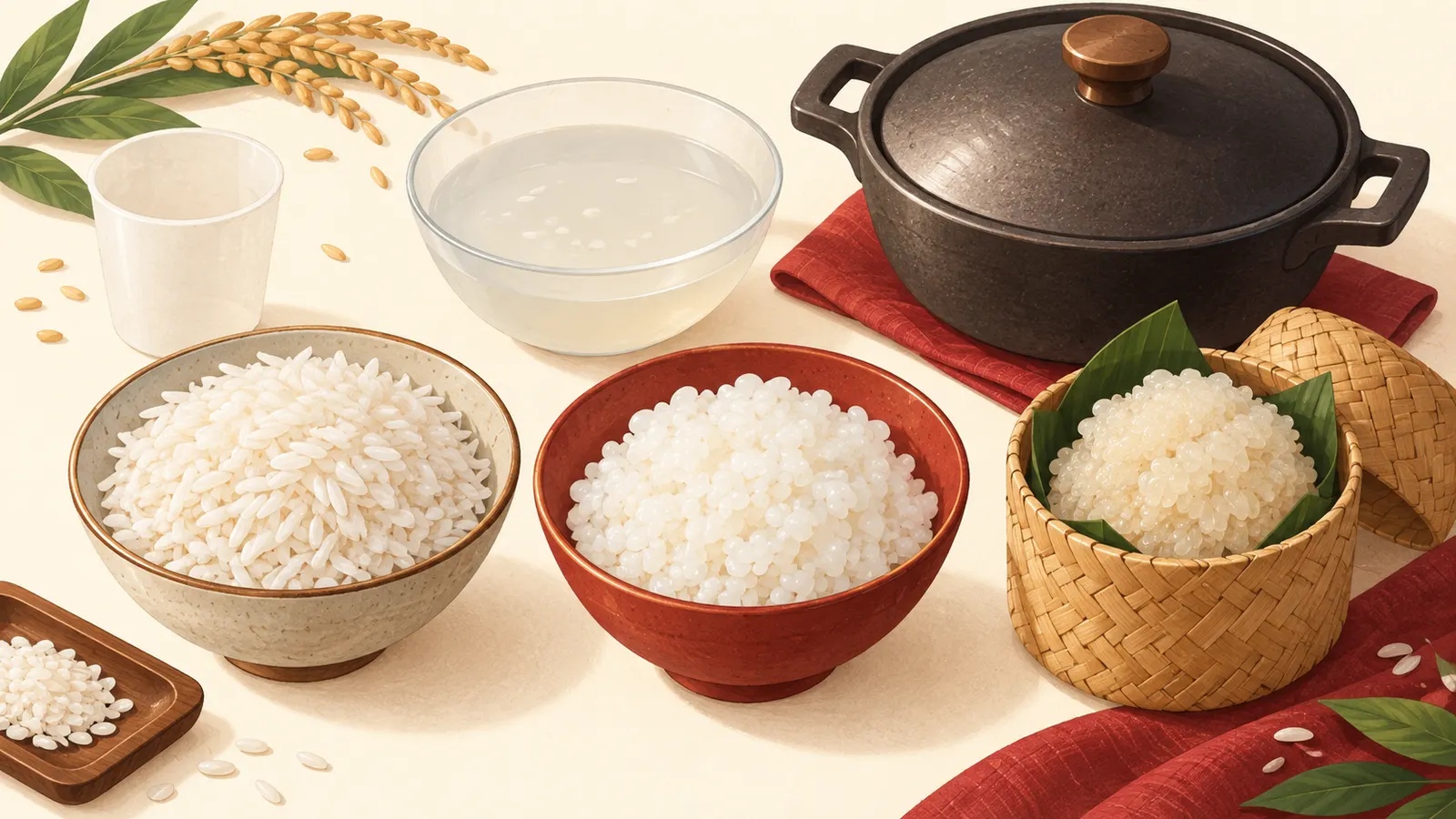 Bowls of jasmine rice, sushi rice and sticky rice with a measuring cup and a lidded pan