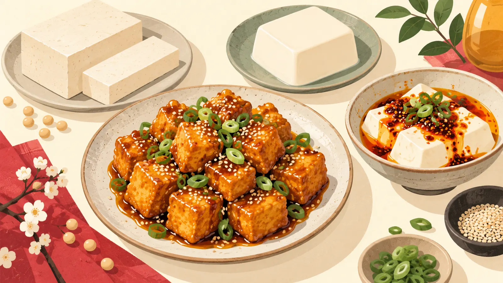 Firm and silken tofu with crispy tofu cubes in sticky sauce and silken tofu with chilli oil