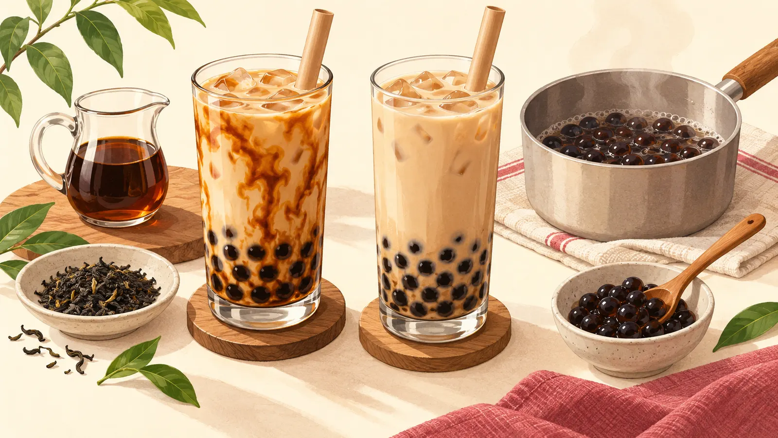 Glasses of milk tea with tapioca pearls and wide straws, a pan of pearls, brown sugar syrup and tea leaves