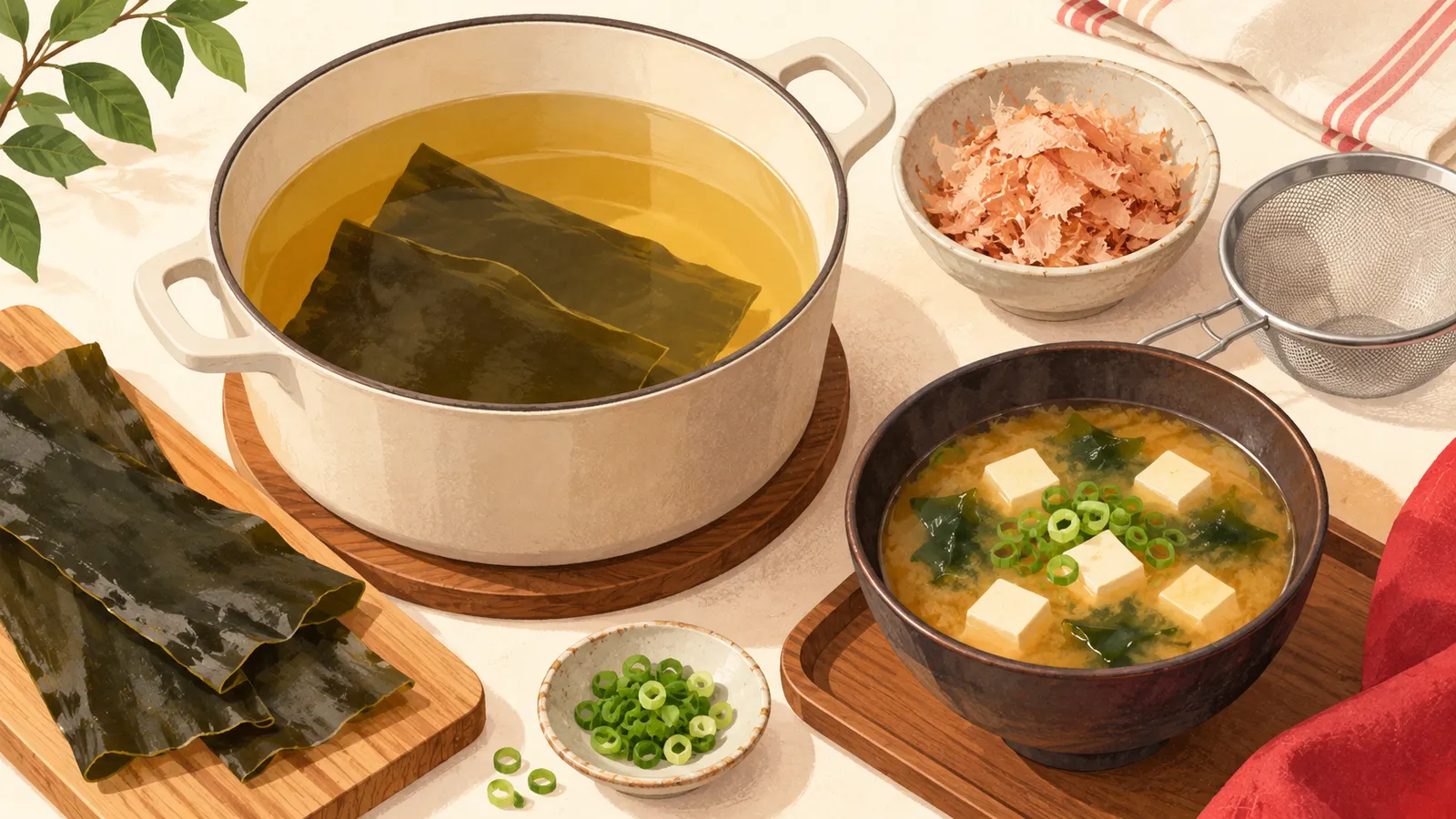 Pot of golden dashi with kombu and bonito flakes, a strainer and a bowl of miso soup