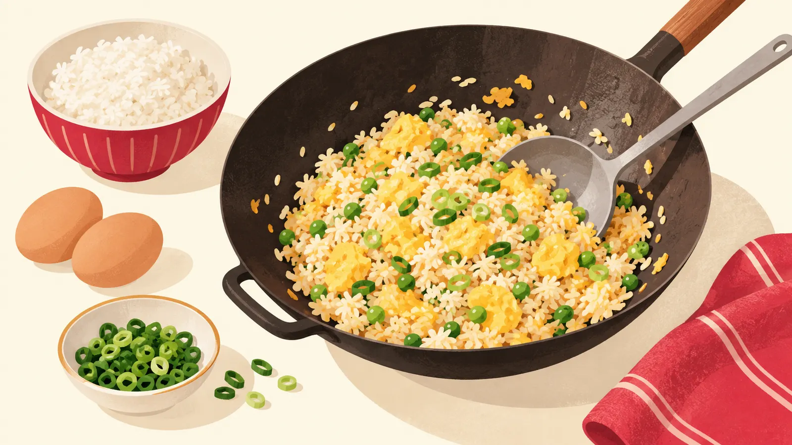 Wok of golden egg fried rice with peas, spring onion and scrambled egg, beside a bowl of day-old rice