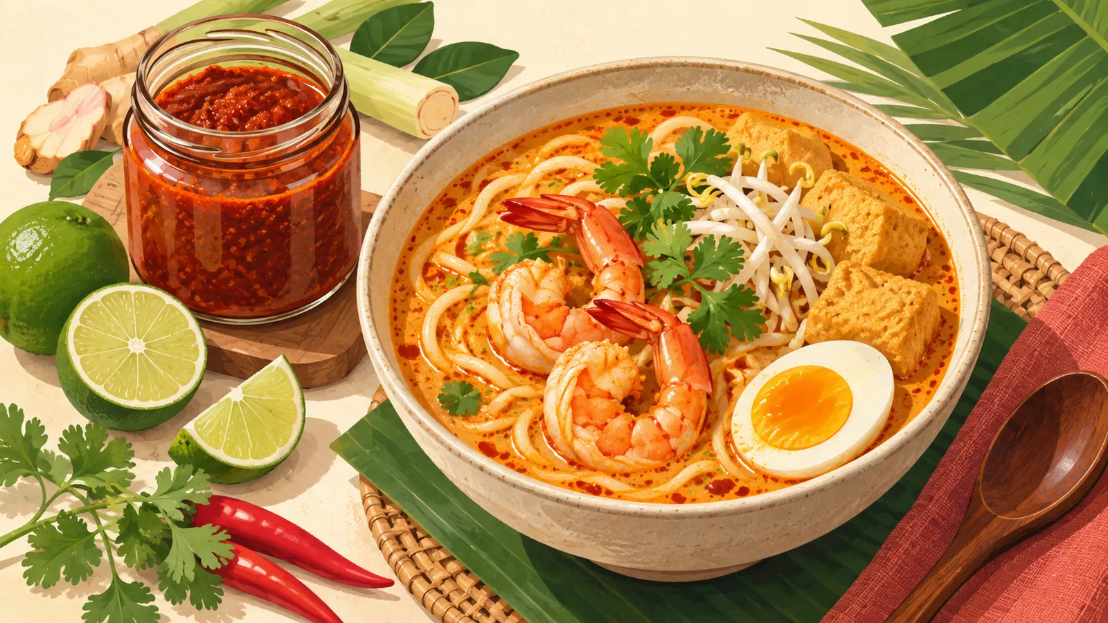 Bowl of curry laksa with coconut broth, noodles, prawns, tofu puffs, egg and bean sprouts, with laksa paste and limes