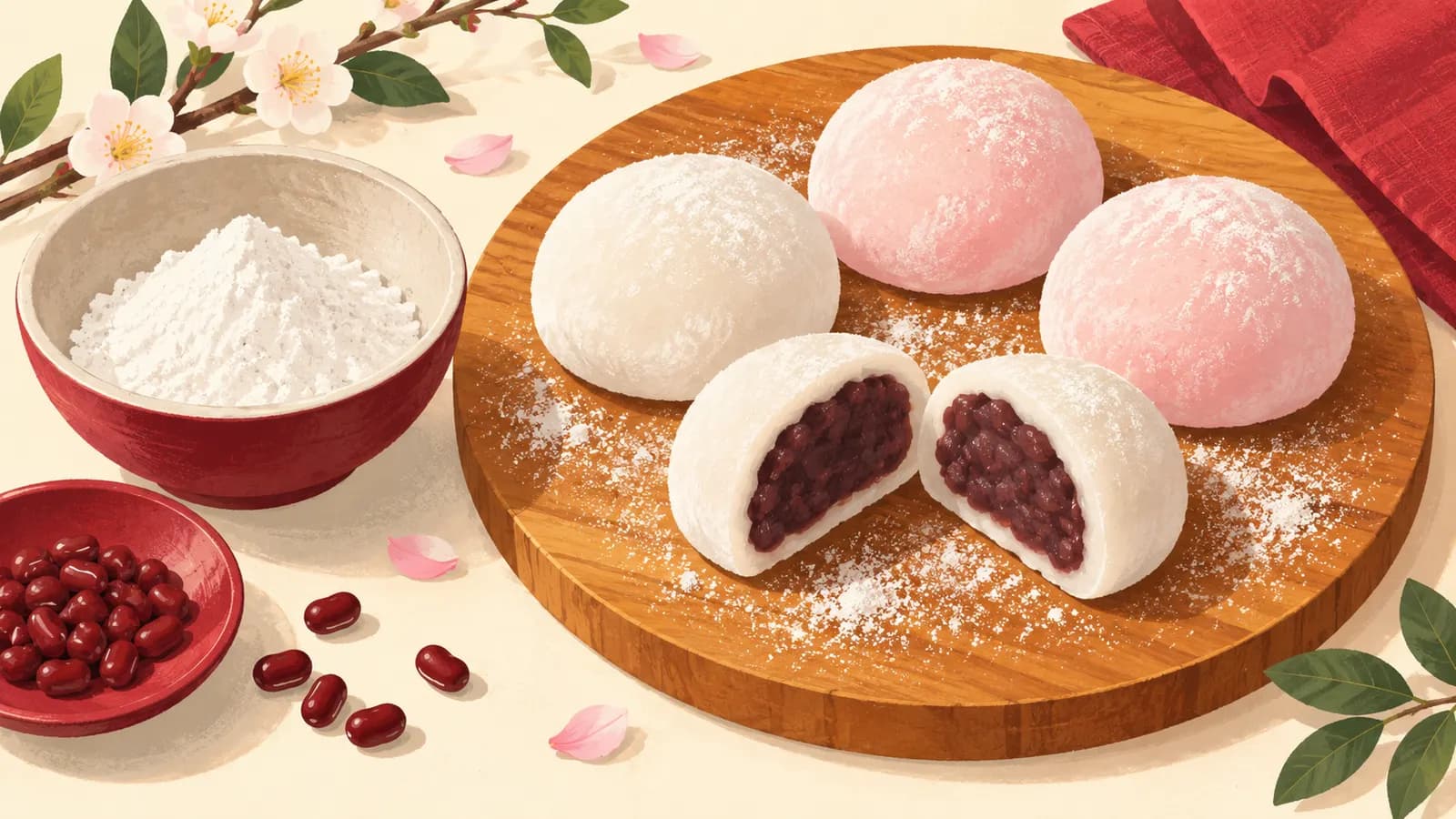 White and pink mochi and daifuku, one cut open to show red bean paste, with glutinous rice flour