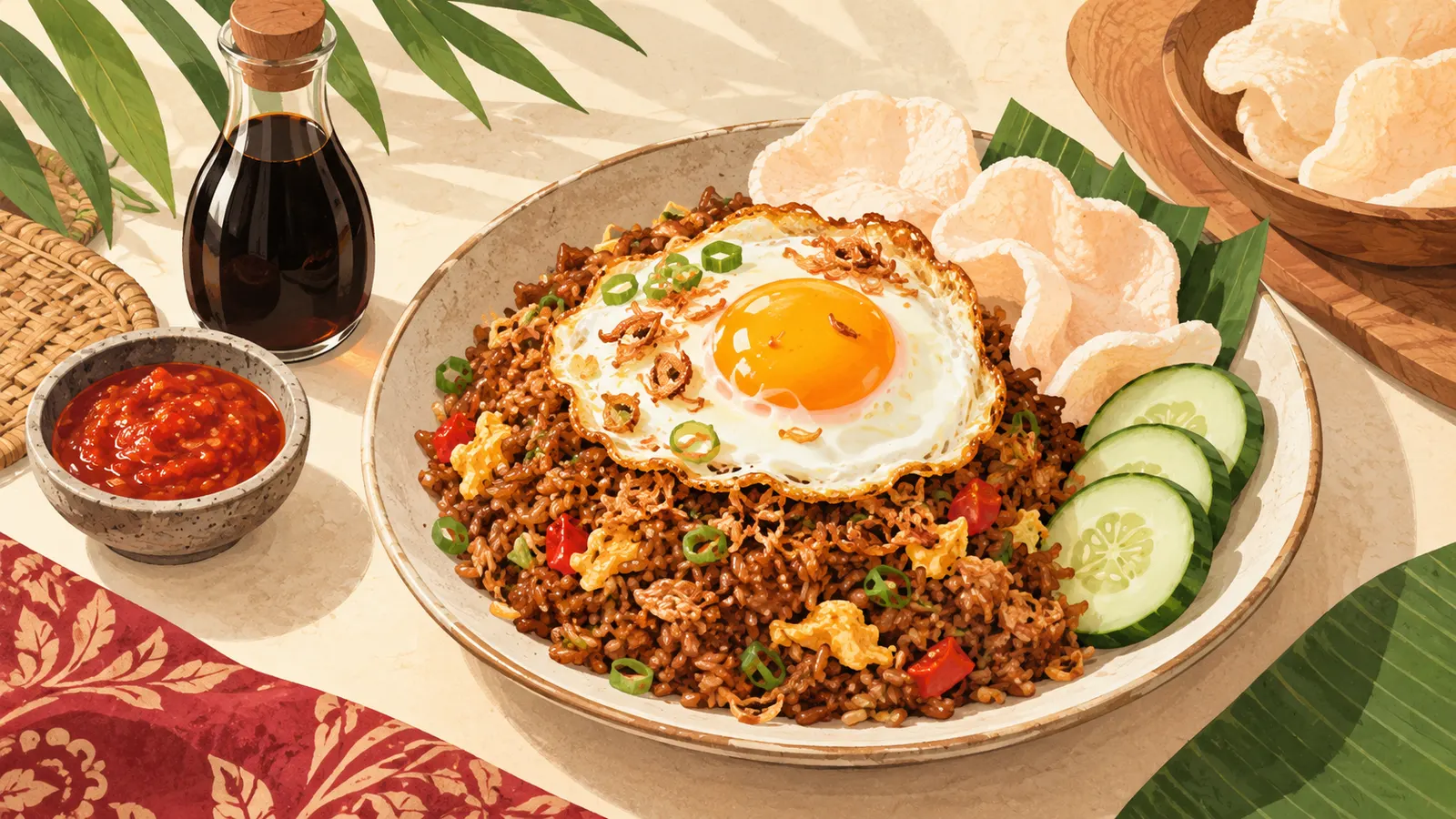 Plate of nasi goreng topped with a fried egg, with prawn crackers, cucumber, sambal and sweet soy sauce