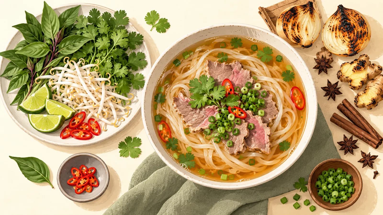 Bowl of beef pho with rice noodles and thin beef, with herbs, bean sprouts, lime, charred onion, ginger and spices