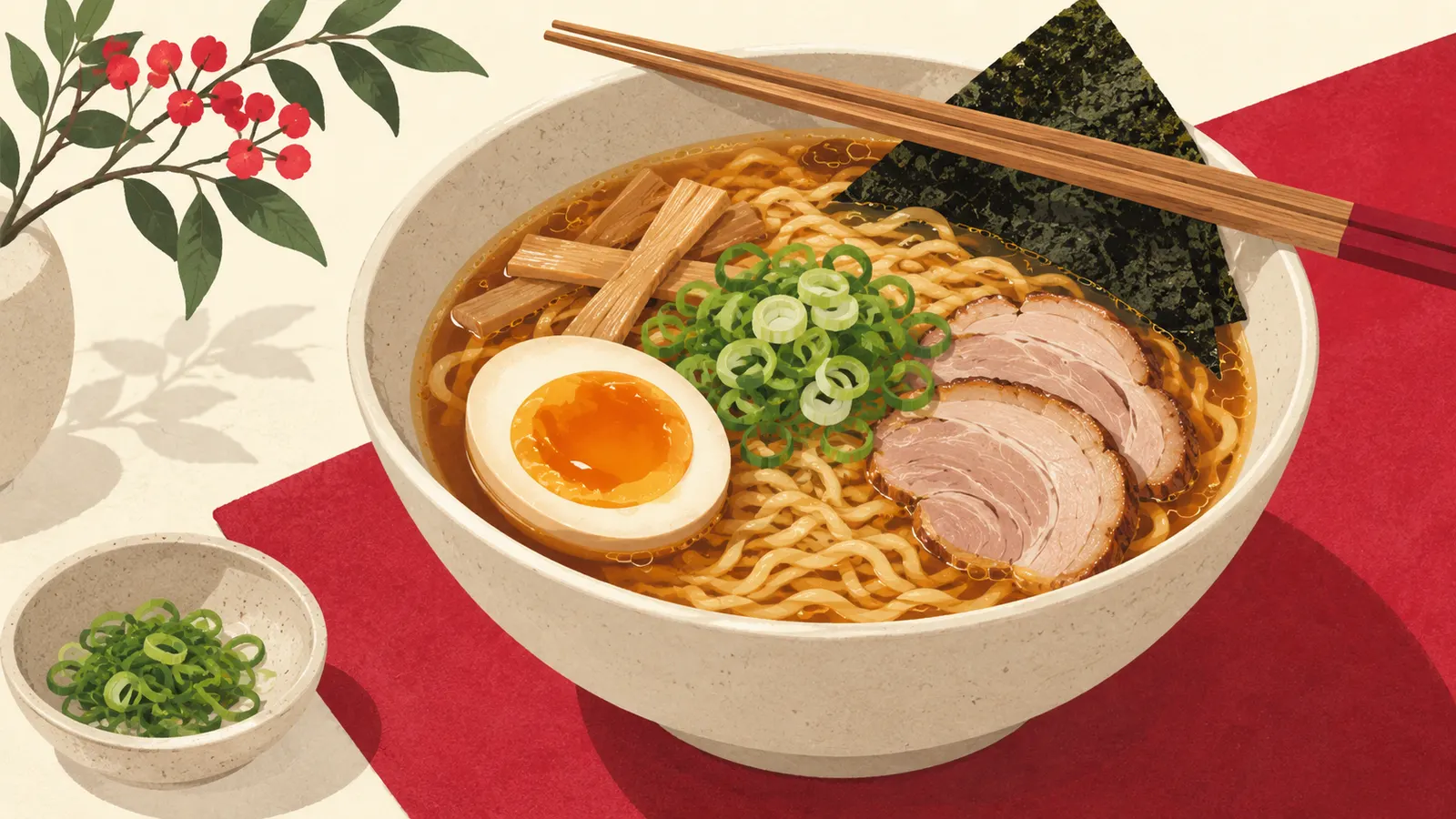 Bowl of ramen with a jammy soft-boiled egg, sliced pork, nori, spring onion and bamboo shoots