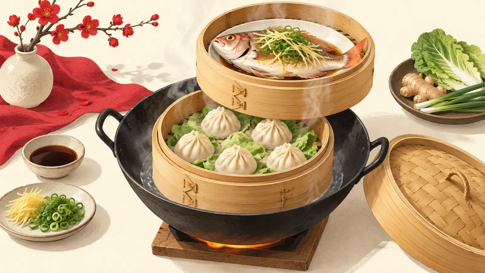 Two-tier bamboo steamer over a wok with steamed fish with ginger and spring onion and dumplings