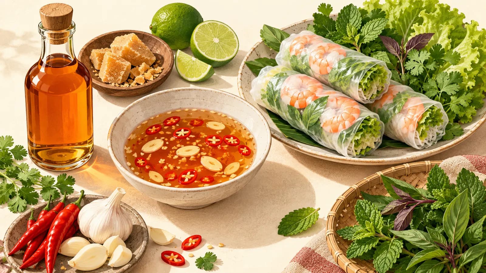 Bottle of fish sauce with a bowl of nuoc cham dipping sauce, limes, palm sugar, herbs and spring rolls