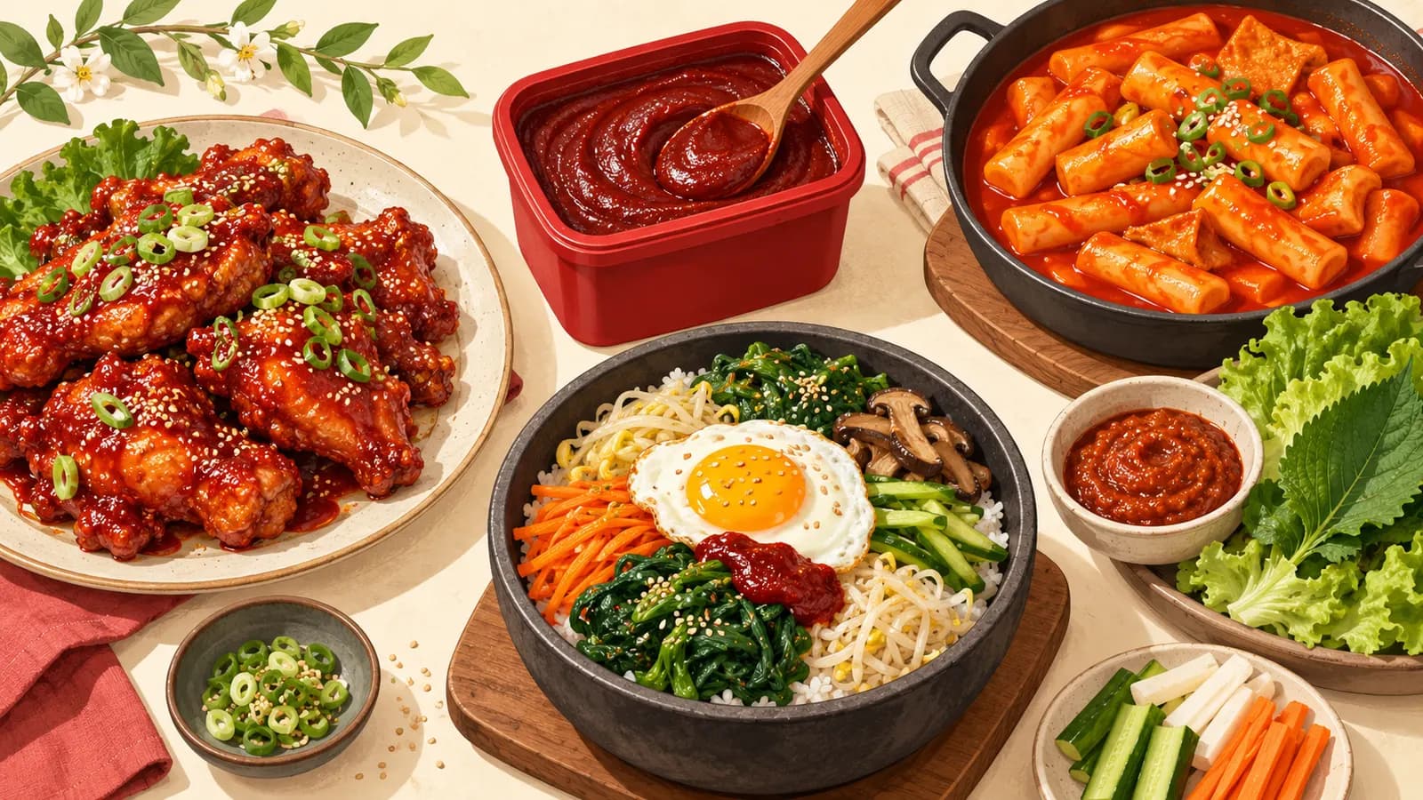 Tub of gochujang surrounded by gochujang chicken, bibimbap, tteokbokki and ssamjang with lettuce wraps