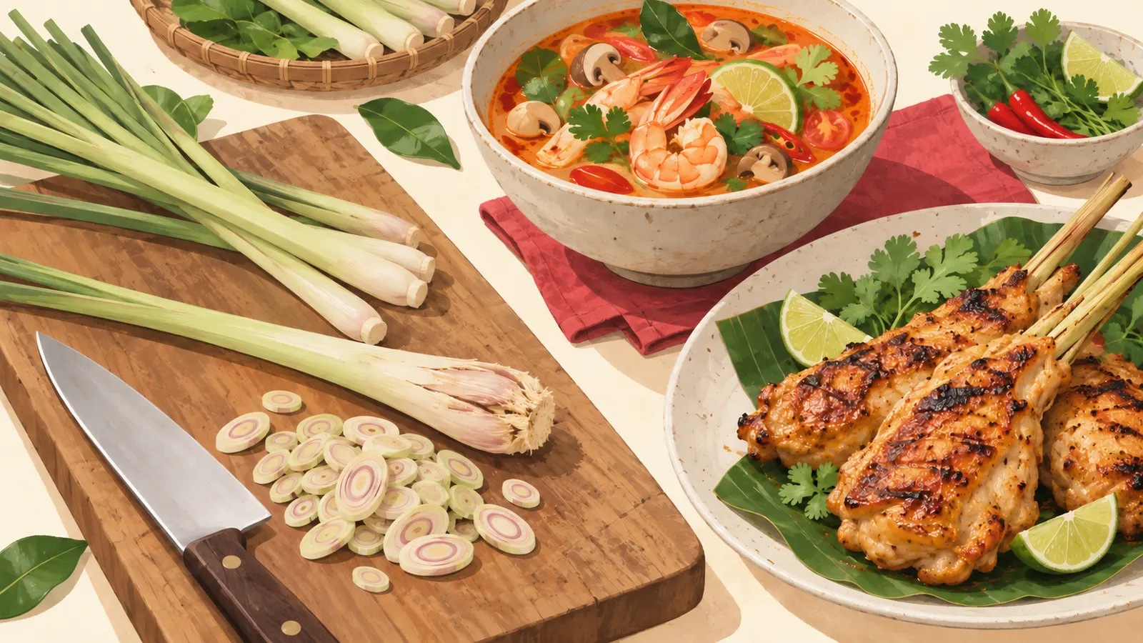 Fresh lemongrass being bruised and sliced, with grilled lemongrass chicken and a bowl of tom yum soup
