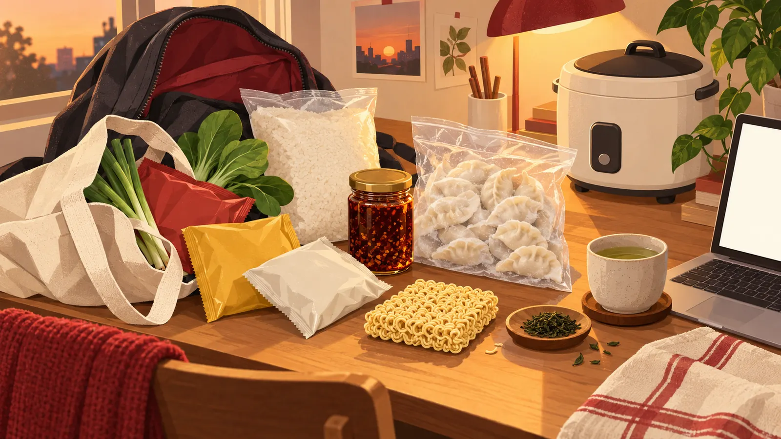 Student desk with a rice cooker and bags of Asian groceries: instant noodles, rice, chilli oil and dumplings