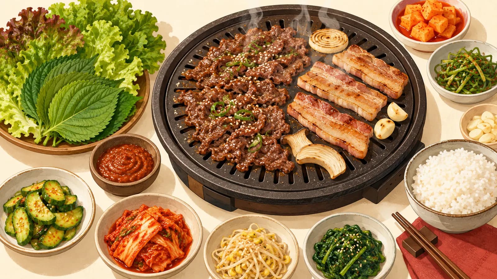 Tabletop grill with bulgogi beef and pork belly, lettuce and perilla leaves, ssamjang and banchan side dishes