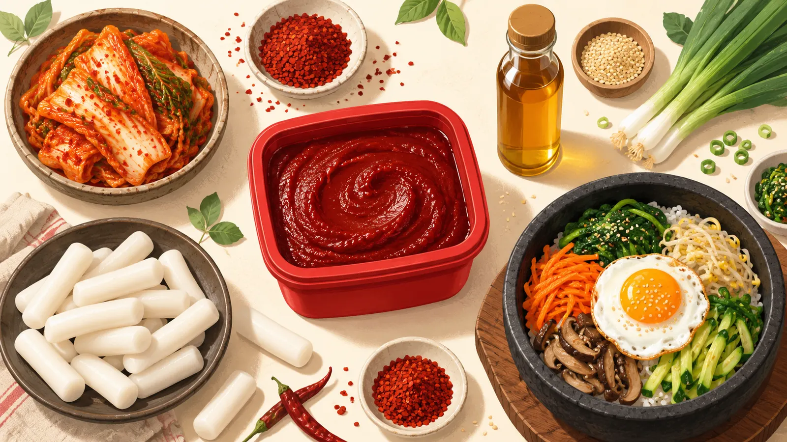 Flat-lay of Korean cooking ingredients around a tub of gochujang, with kimchi, rice cakes and bibimbap