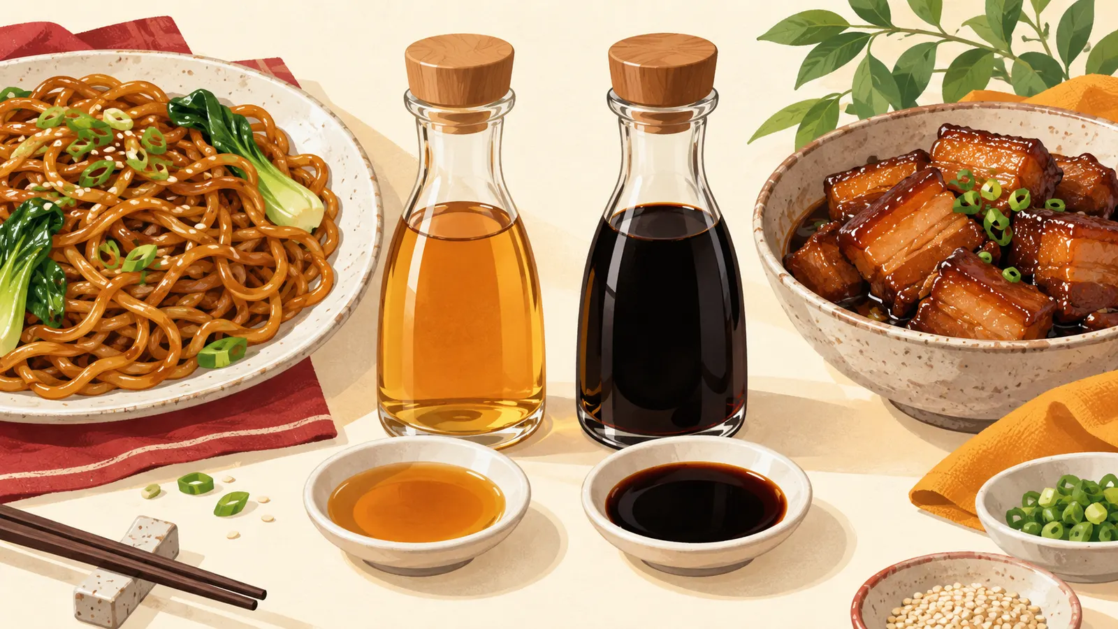 Bottles of light and dark soy sauce side by side with soy noodles and braised pork belly
