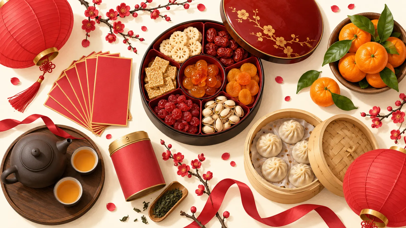 Lunar New Year gifts: red envelopes, a lacquered candy tray of sweets and nuts, a teapot and tea, mandarins, red lanterns and steamed dumplings